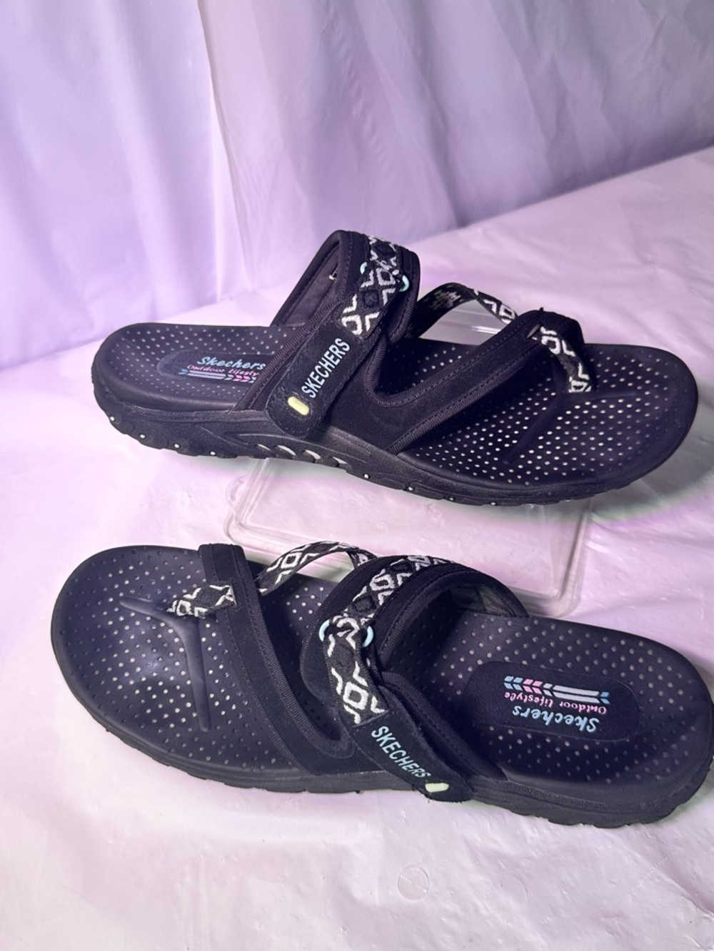 Skechers Black Slide Sandals with White Geometric Straps